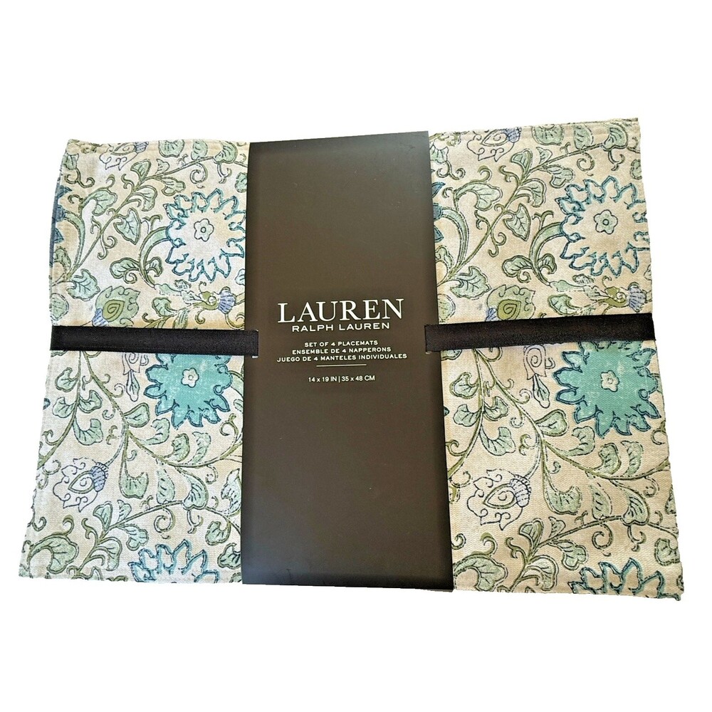 Ralph Lauren Home Blue Floral Placemats 100% Cotton 19x14 Set of 4 Machine Wash